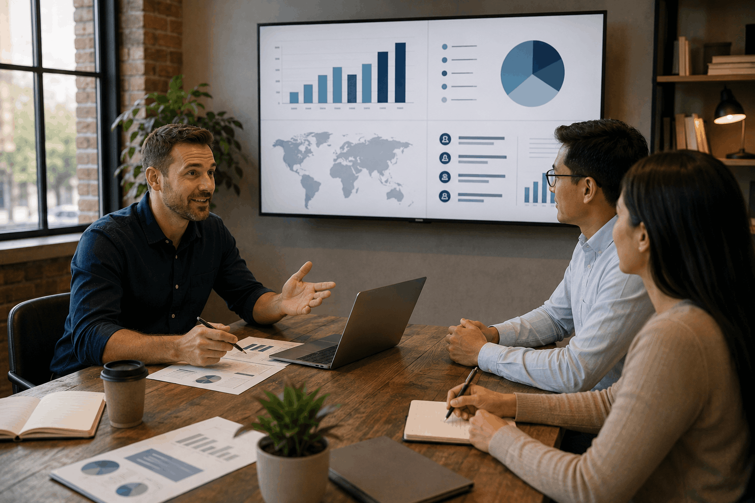 image1 Franchise consultant presenting growth analytics and performance dashboards to prospective franchise partners during a modern office meeting