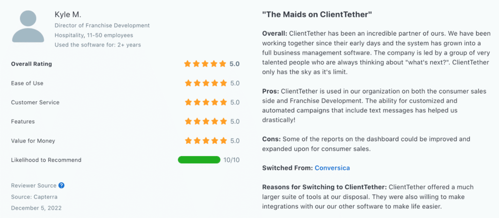 The Maids’ review on ClientTether in Capterra