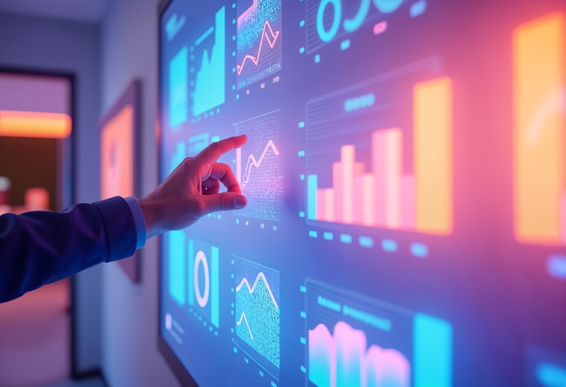 A hand points to graphs projected on a screen, measuring the success of a franchise growth strategy.