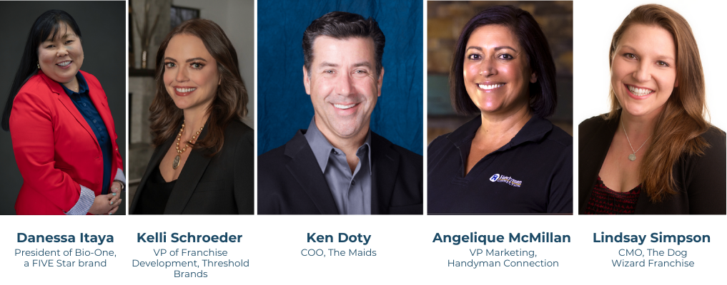 Guest speakers at the Service Franchise Summit 2025: Danessa Itaya, Kelli Schroeder, Ken Doty, Angelique McMillan and Lindsay Simpson.