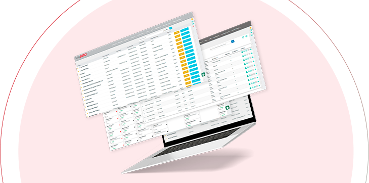 Floating laptop with user interface screens showing CRM dashboard, communication tools, and workflow management software.