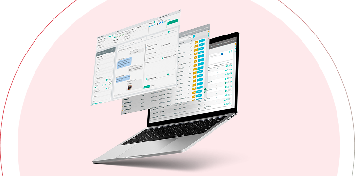 Floating laptop with user interface screens showing ClientTether's Franchise Operations software dashboard.