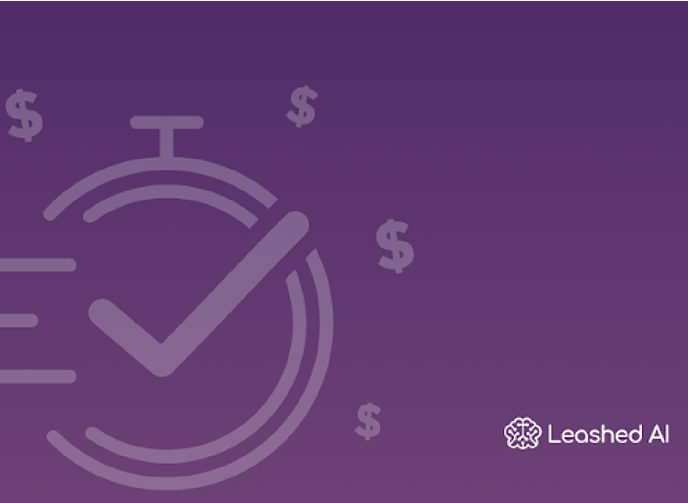 AI-powered time and cost efficiency illustration with stopwatch, check mark, and dollar signs – Leashed AI logo.