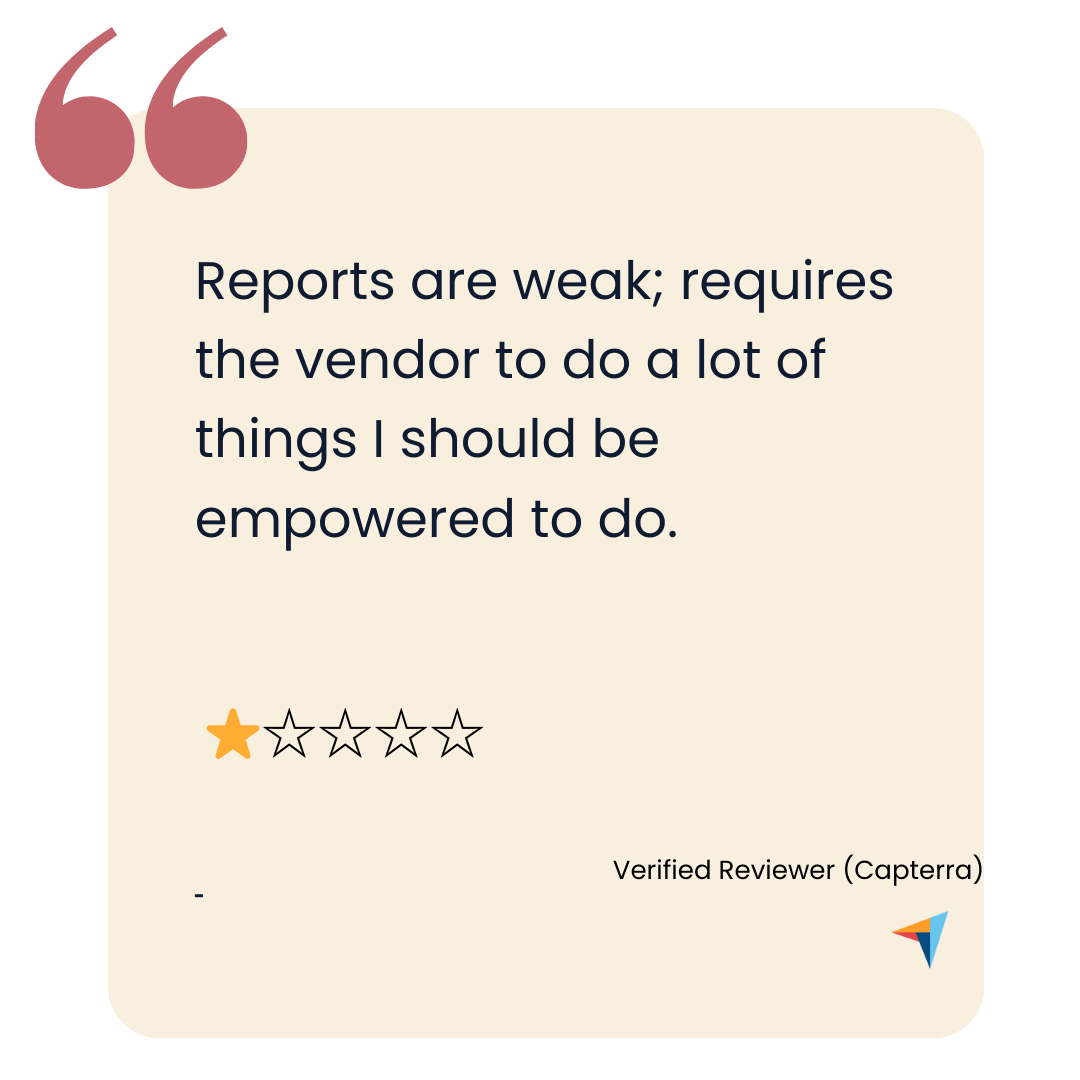 Capterra user review of Naranga highlighting reporting limitations and ease-of-use concerns.
