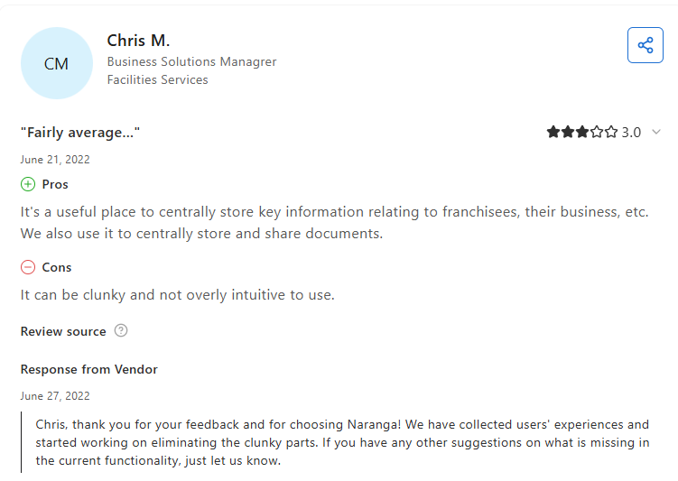 Naranga Franchise Software review on Capterra: clunky software