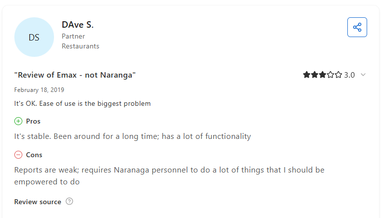 Naranga Franchise Software review on Capterra: 3 stars