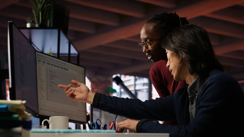 Coworkers operating a franchise management system in an office setting.