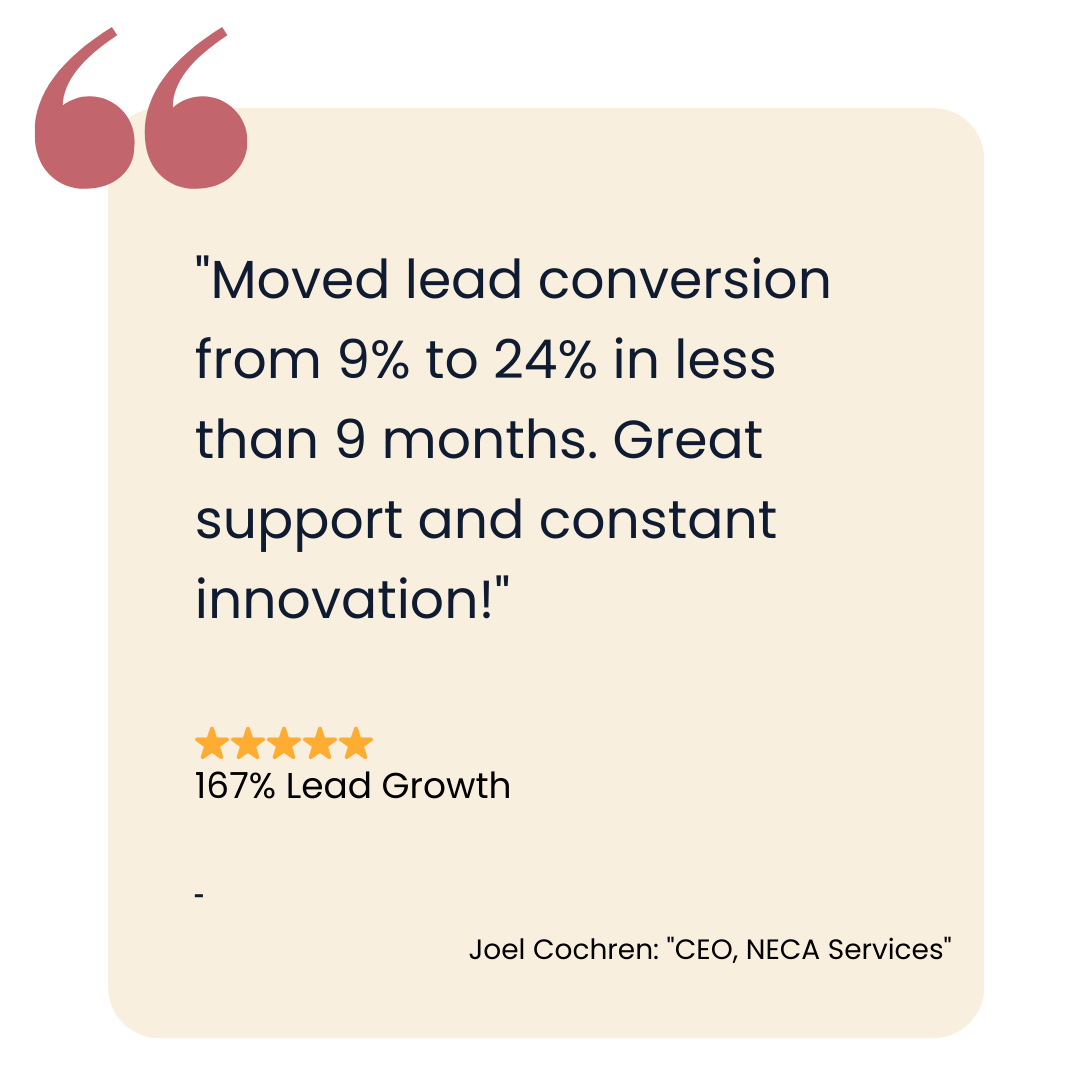 Testimonial from Joel Cochren, CEO of NECA Services: Lead conversion increased from 9% to 24% in under 9 months, with 167% lead growth