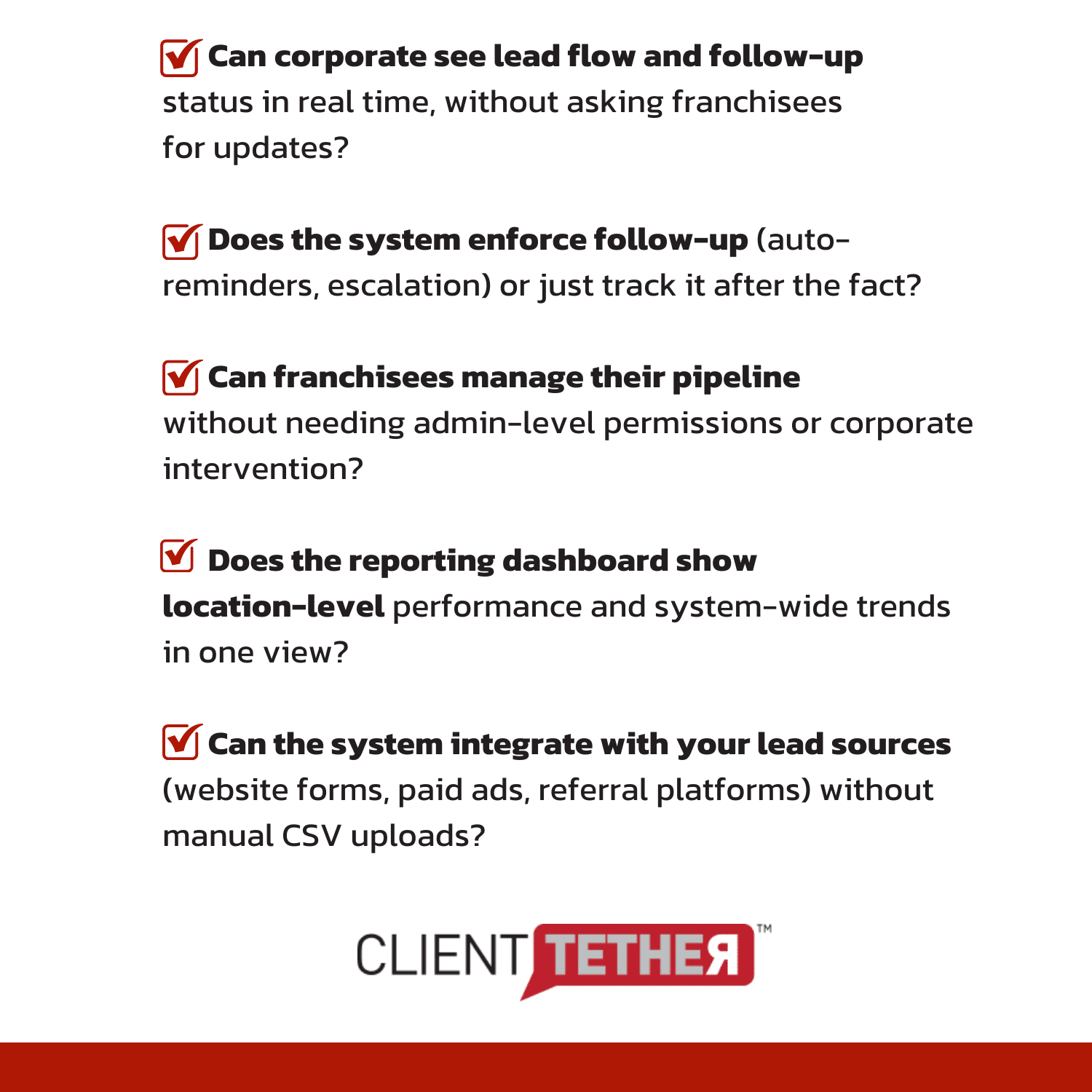Checklist of franchise software evaluation questions about real-time visibility, follow-up enforcement, franchisee pipeline access, system-wide reporting, and lead source integrations without manual CSV uploads.