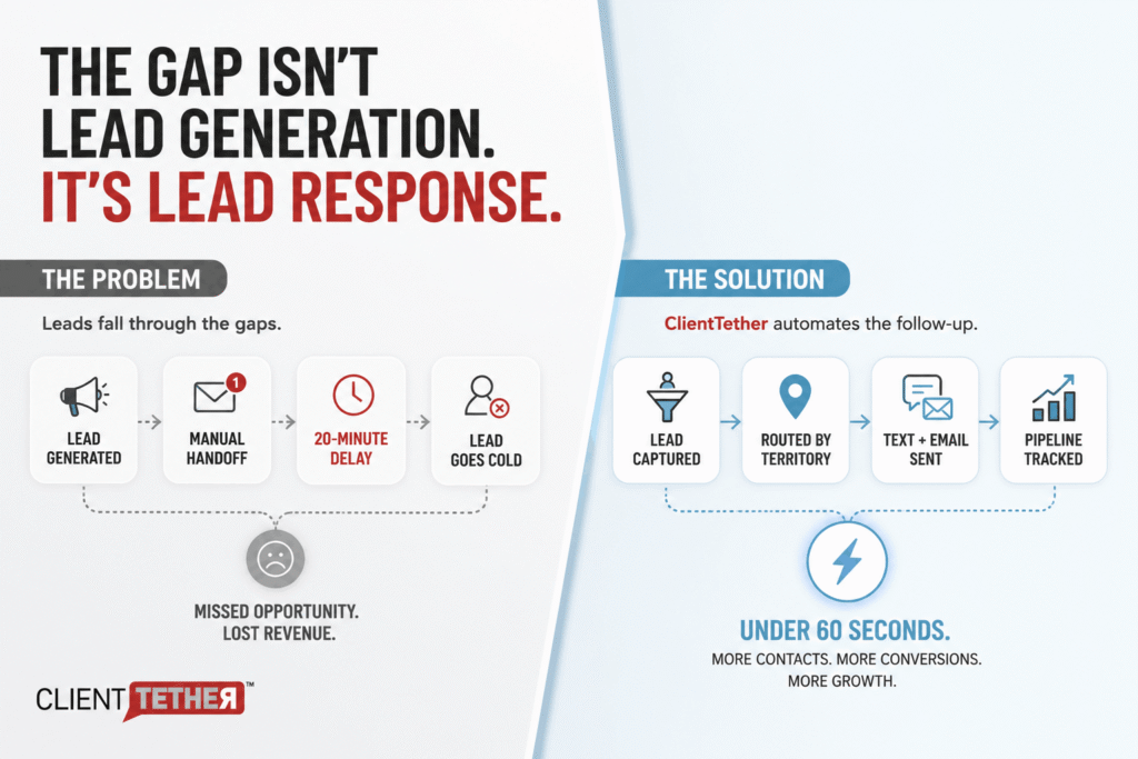 Infographic showing common franchise marketing gaps, including slow lead response, manual handoffs, and limited corporate visibility.