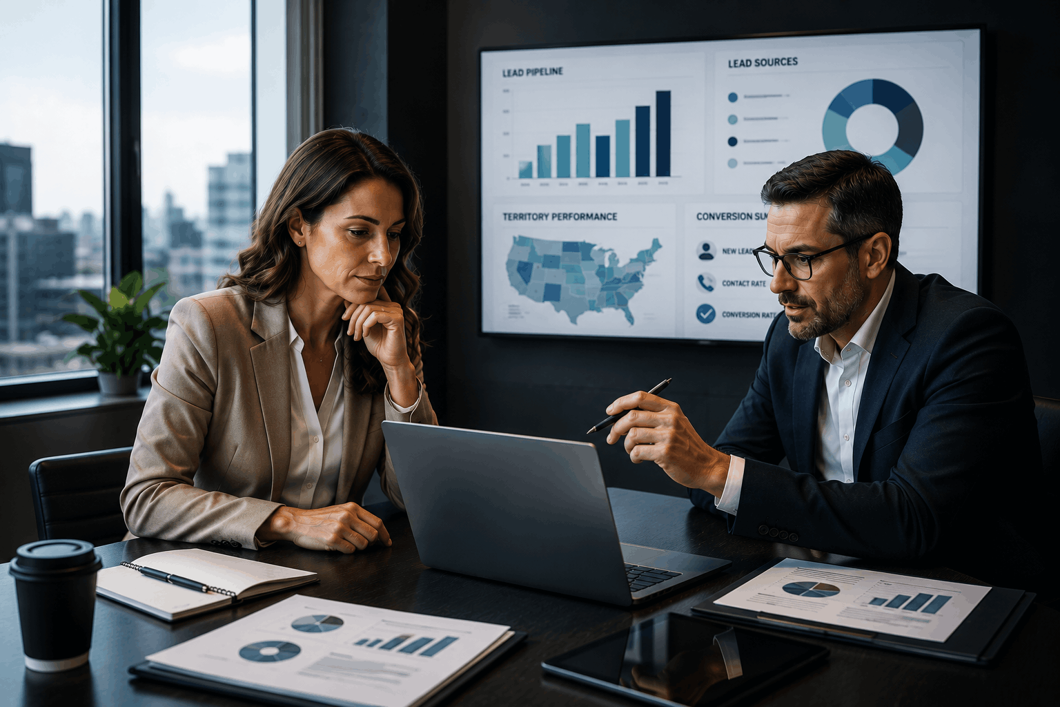 image3 Two business directors in a meeting room evaluating CRM software using pipeline, territory, and lead source analytics.