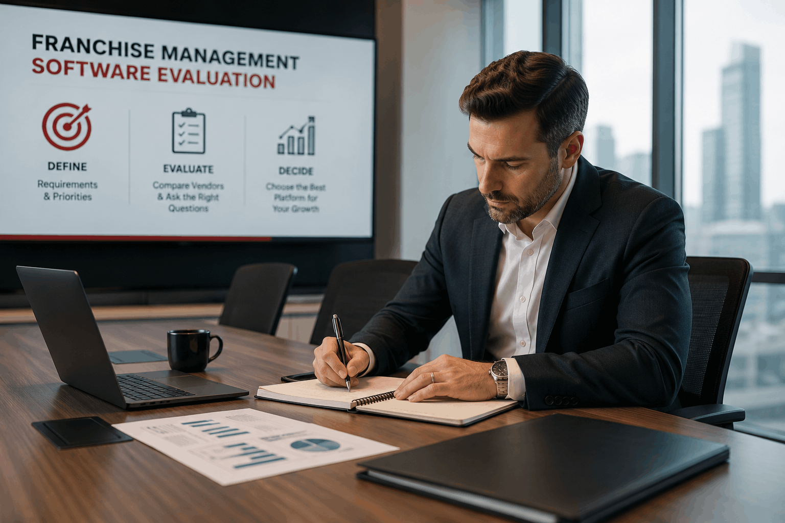 franchise-management-software-buyers-guide-hero CEO researching franchise management software in a meeting room while reviewing evaluation criteria, vendor comparison notes, and business reports.