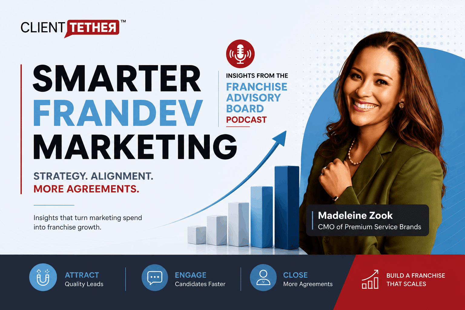 Madeleine Zook of Premium Service Brands, featured in a ClientTether FranDev marketing cover image with insights from the Franchise Advisory Board Podcast.